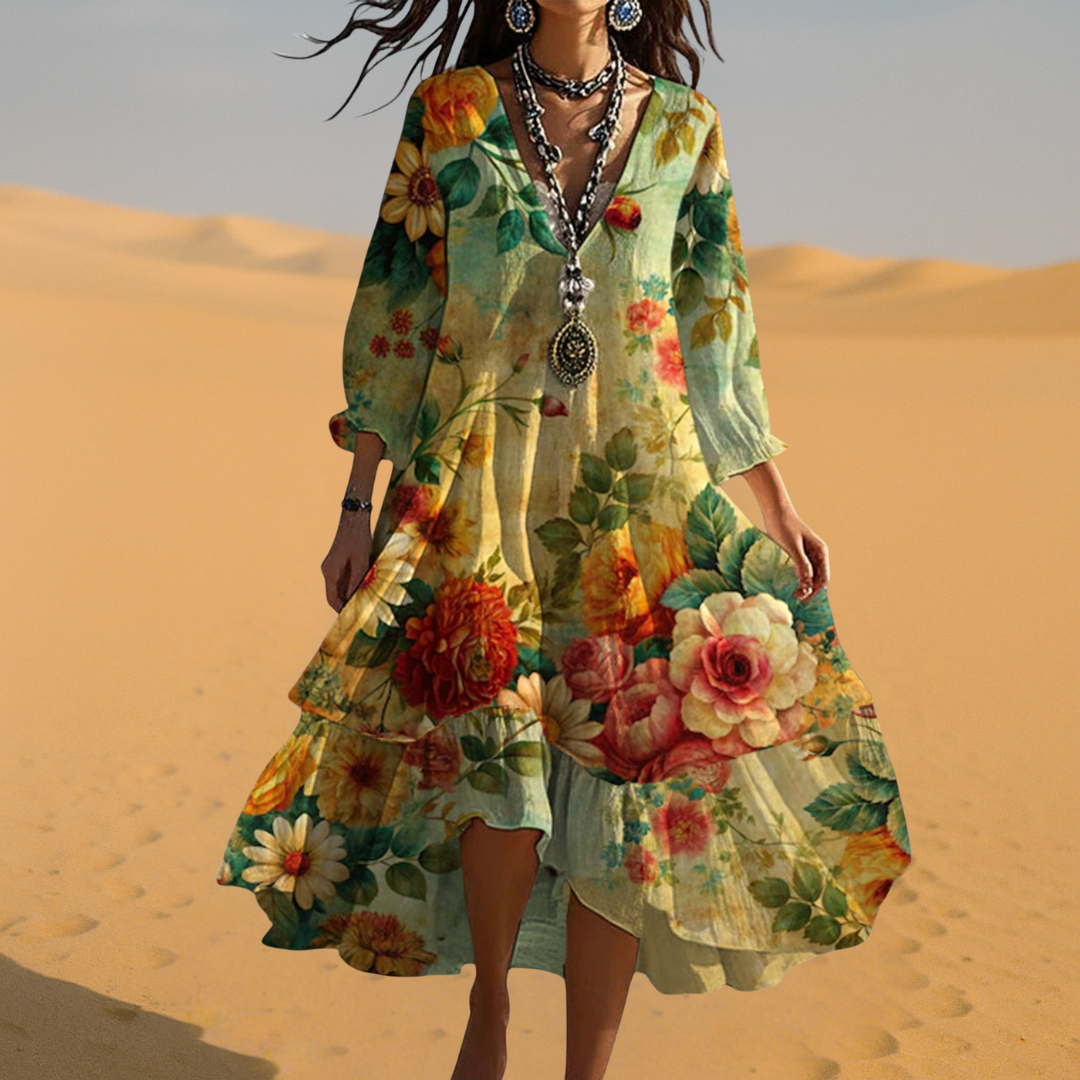 Mahaut | Robe Bohème Midi Fleurie Col V