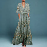 Garance | Robe Longue Brodée à Motif Floral et Col V