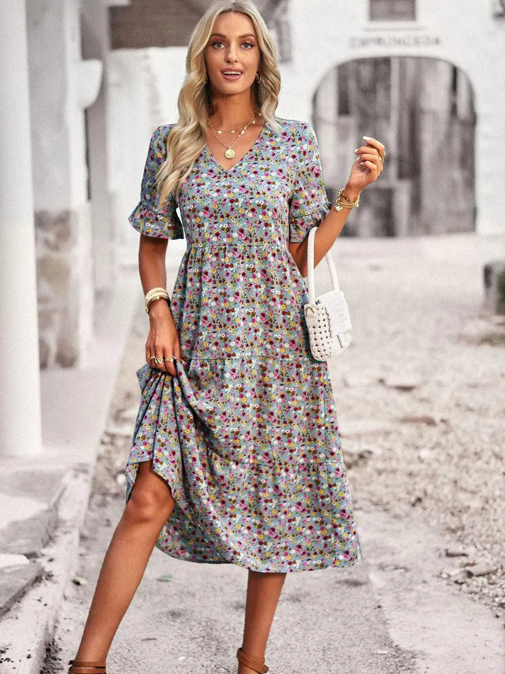 Viviane | Robe Midi Fleurie Col V