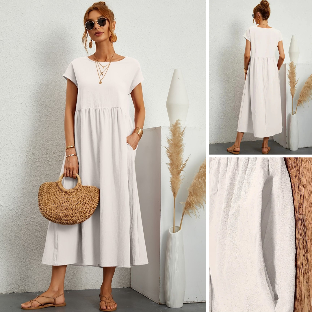 Élise | Robe midi femme légère avec poches et manches courtes