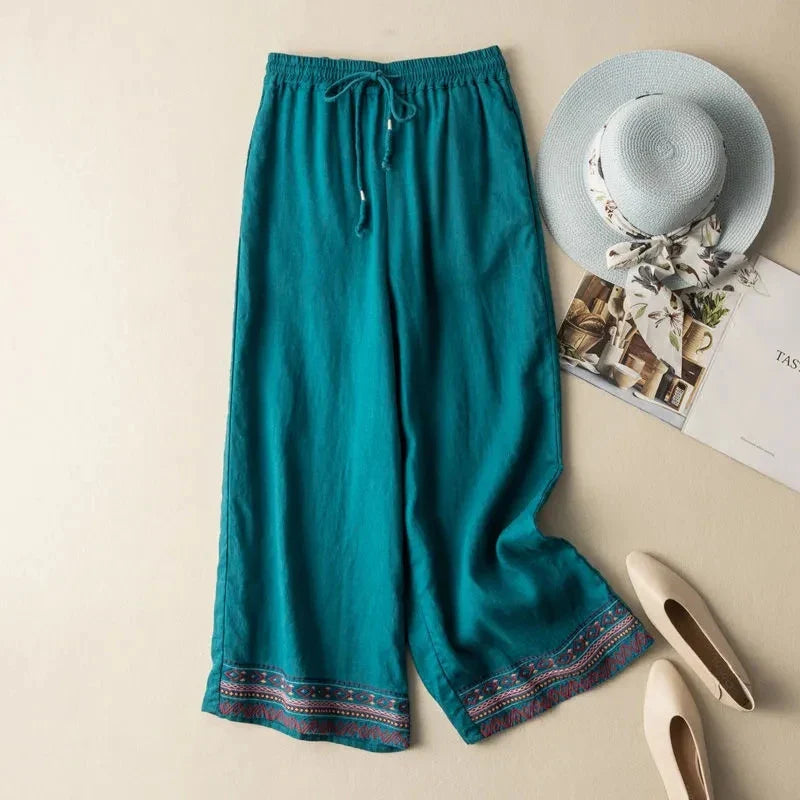 Zélia | Pantalon Large Brodé en Lin