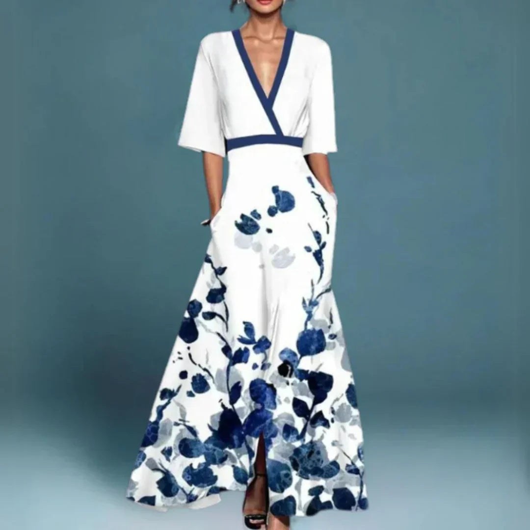 Garance | Robe Longue Brodée à Motif Floral et Col V
