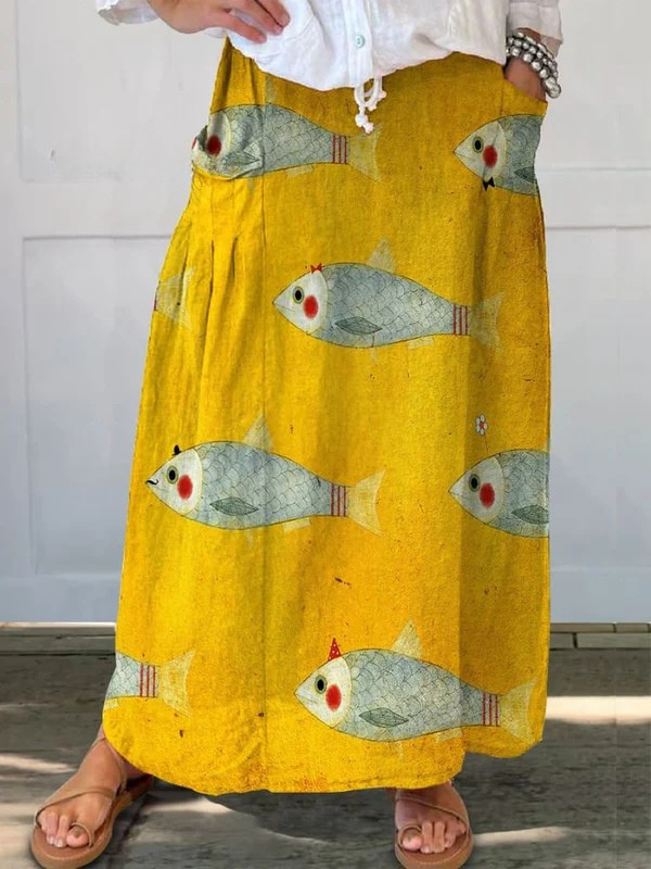 Béatrice | Jupe Maxi à Imprimé Vintage Poisson