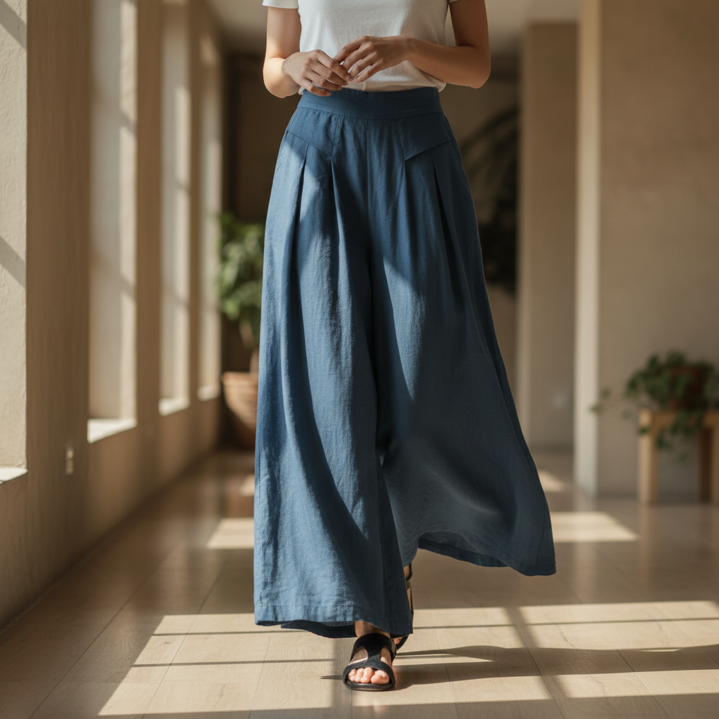 Adeline | Pantalon Large Coton Lin Taille Élastique