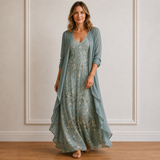 Ensemble robe longue fleurie et gilet assorti