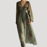 Fauvette | Robe Longue Brodée Fleurie Taille Empire Verte