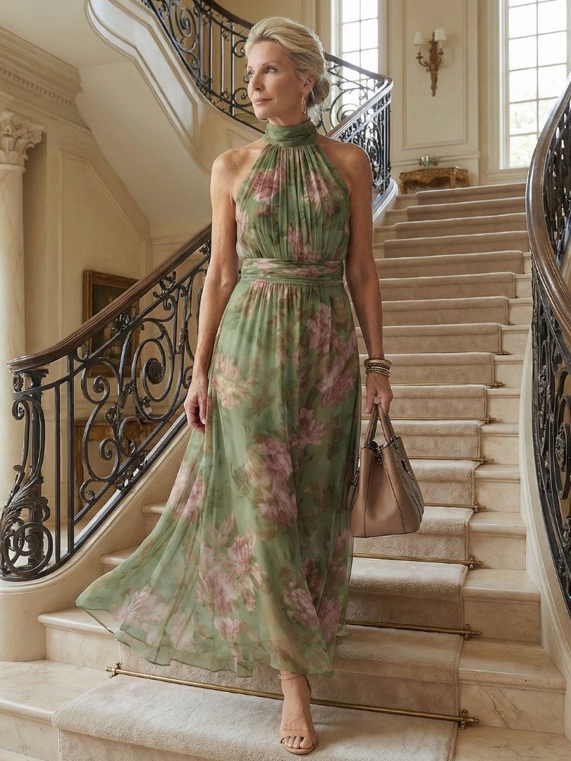 Angélique | Robe Midi Fleurie Col Halter