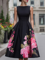 Antoinette | Robe Midi Fleurie Plissée Noire