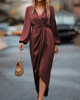 Robe midi portefeuille bordeaux à manches longues bouffantes
