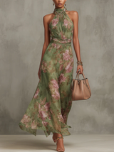 Berthine | Robe Longue Fleurie Col Halter Verte