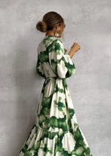 Gisleine | Robe Longue Imprimée Ceinturée à Volants Verte