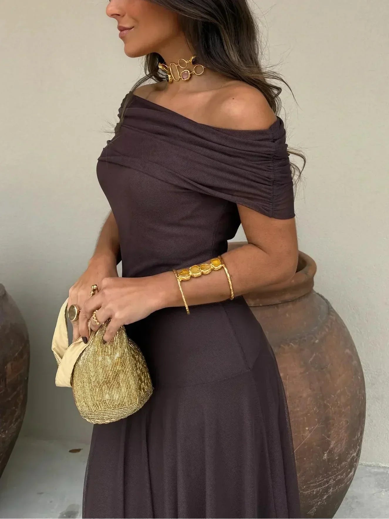 Annette | Robe Longue Épaules Dénudées Chocolat