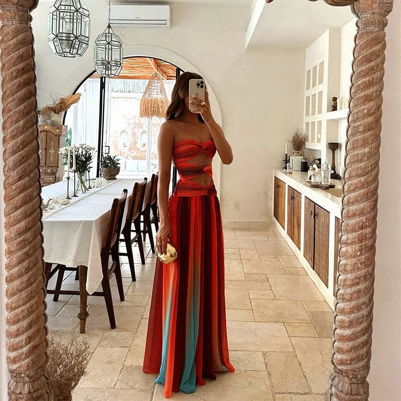 Cléo | Robe Longue Sans Bretelles à Motifs
