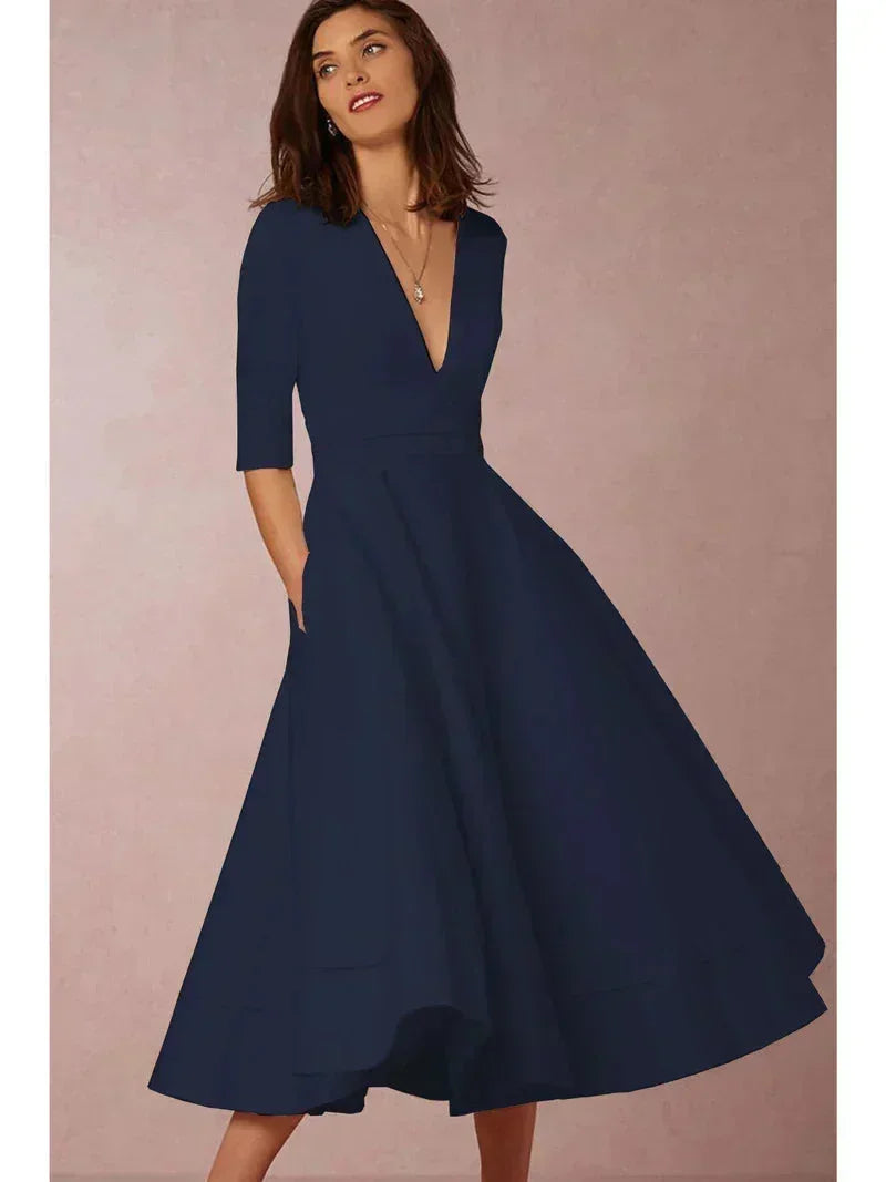 Victorine | Robe Midi Évasée Col V à Poches