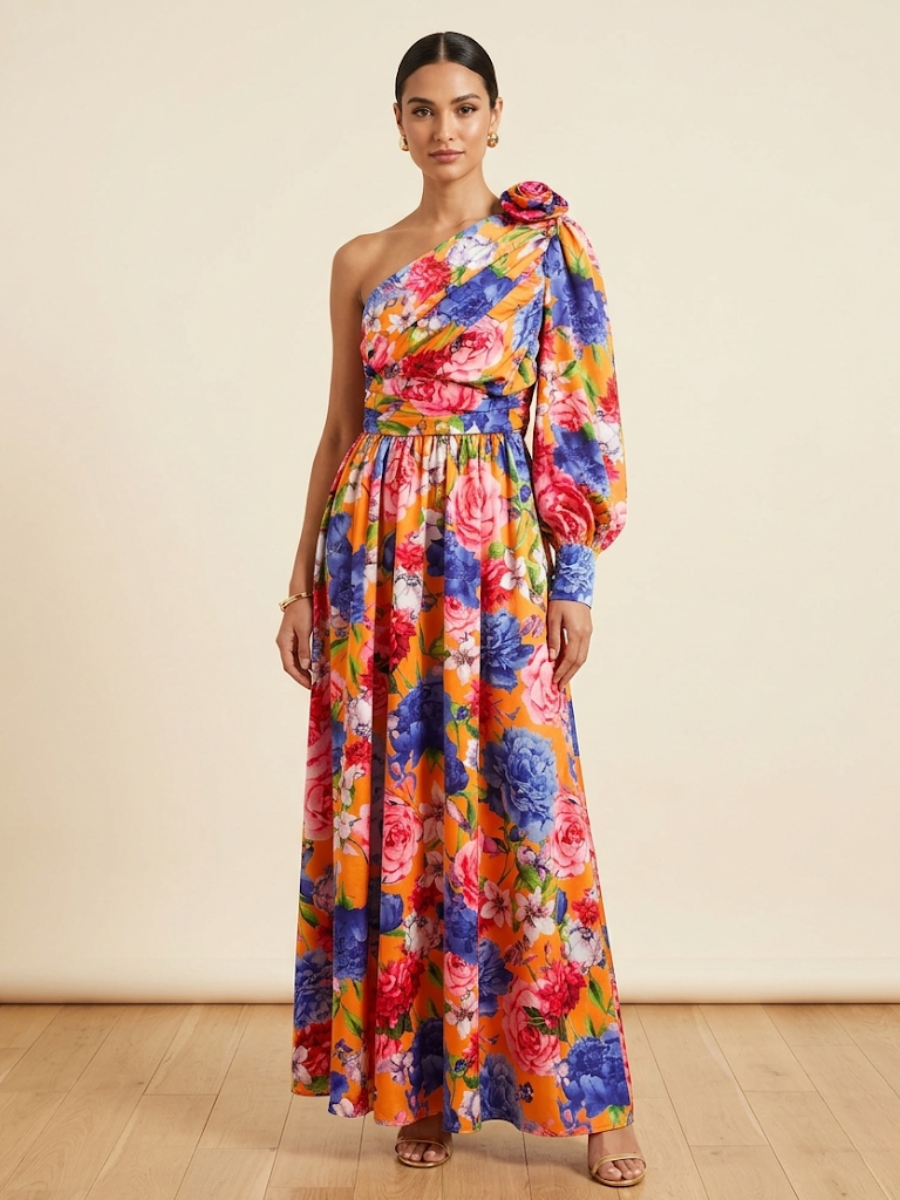 Sabine | Robe Longue Fleurie Une Épaule