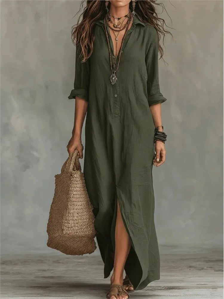 Hermeline | Robe Chemise Longue Col Pointu Fendue
