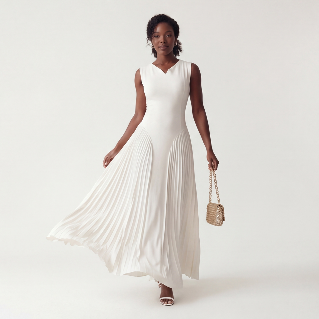 Gaudine | Robe Longue Plissée Col V Taille Structurée