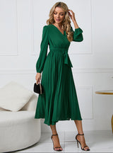 Sénéquine | Robe Midi Portefeuille Manches Longues Ceinturée