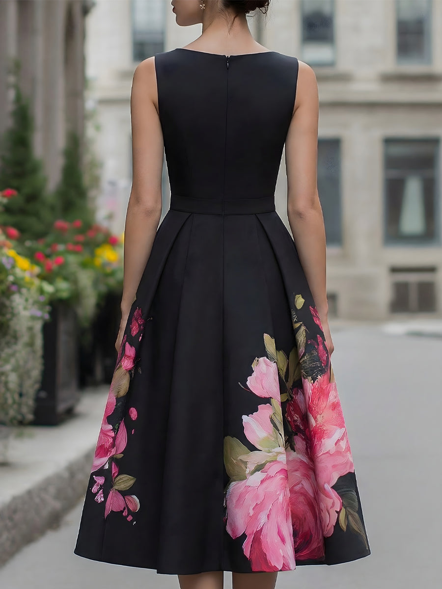 Antoinette | Robe Midi Fleurie Plissée Noire
