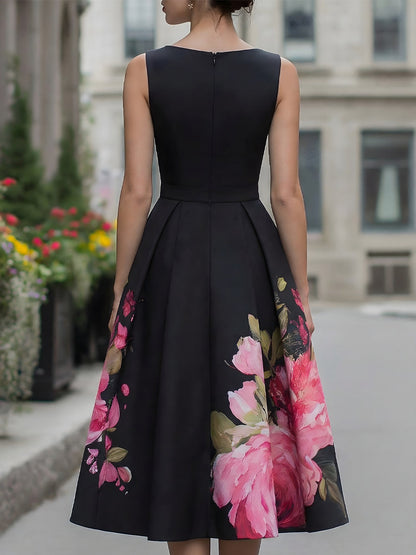 Antoinette | Robe Midi Fleurie Plissée Noire