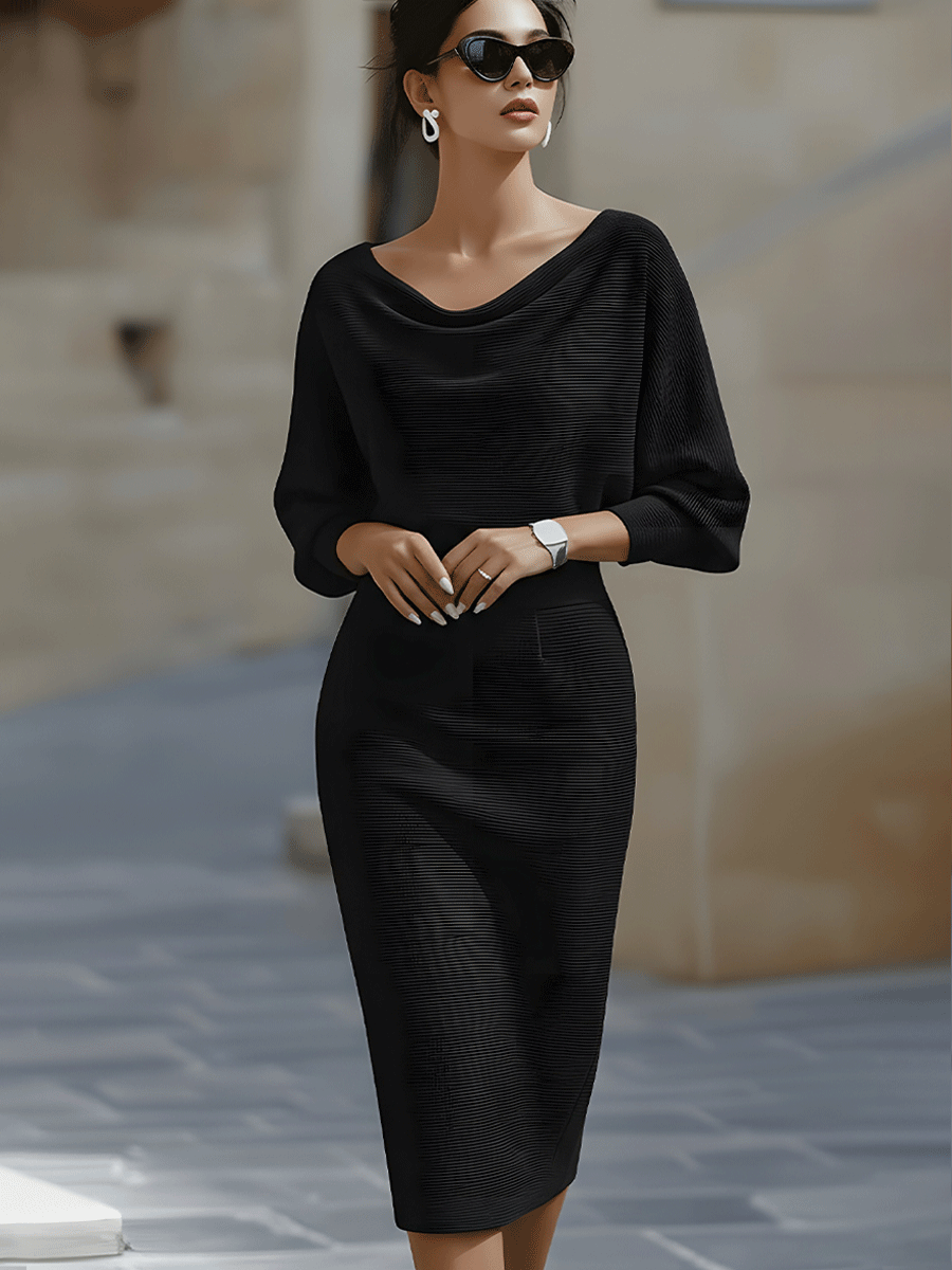Isaline | Robe midi femme chic à manches chauve-souris drapées