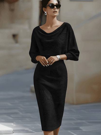 Isaline | Robe midi femme chic à manches chauve-souris drapées