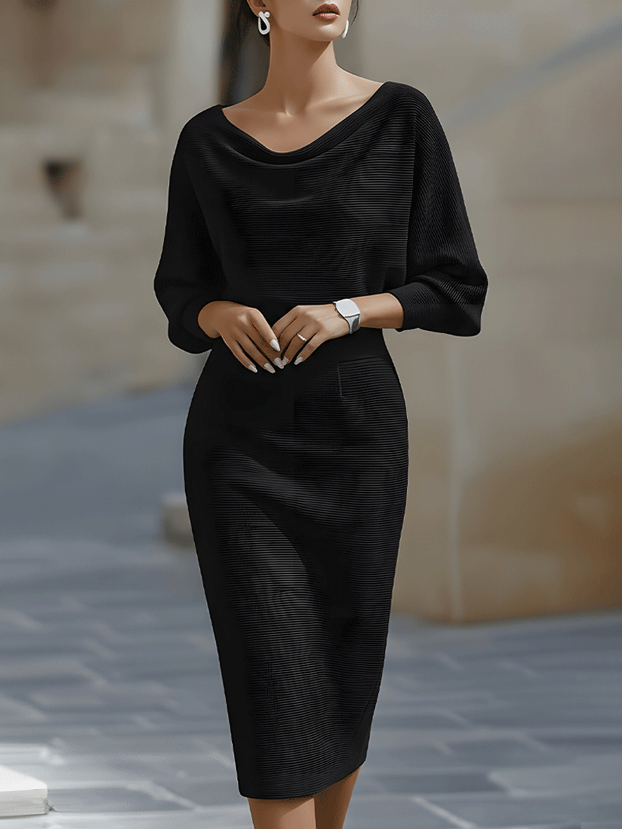 Isaline | Robe midi femme chic à manches chauve-souris drapées