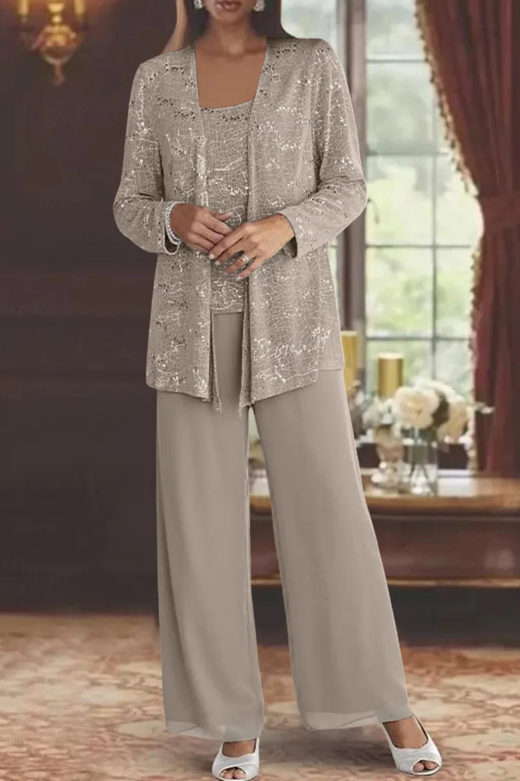 Ombrine | Ensemble Trois Pièces Dentelle Pailletée Pantalon Large