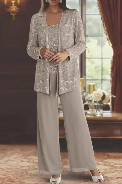 Ombrine | Ensemble Trois Pièces Dentelle Pailletée Pantalon Large