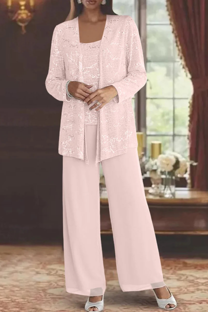 Ombrine | Ensemble Trois Pièces Dentelle Pailletée Pantalon Large