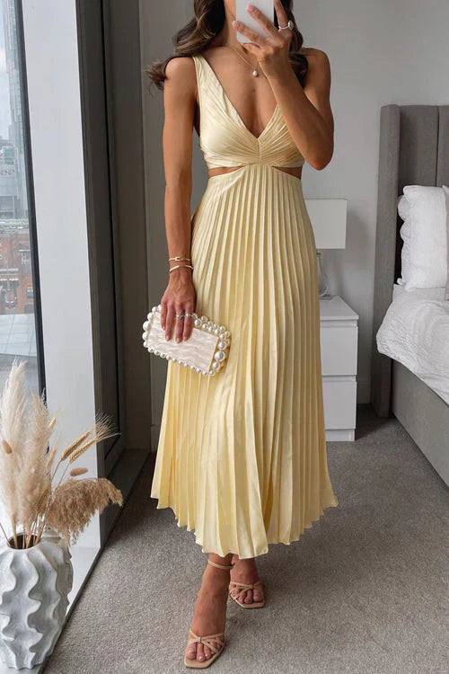 Estelle | Robe Longue Plissée à Découpes Col V pour Mariage Invitée