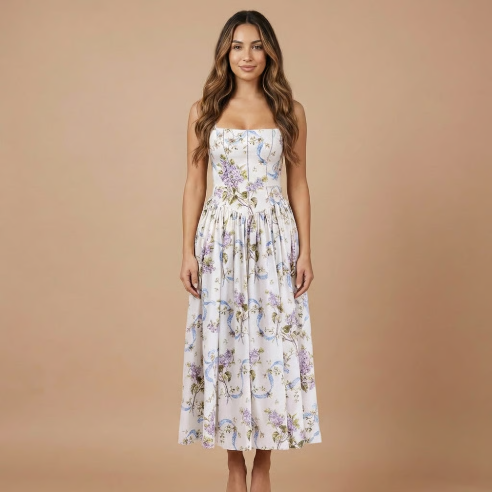 Floriane | Robe Midi Fleurie pour Cérémonie