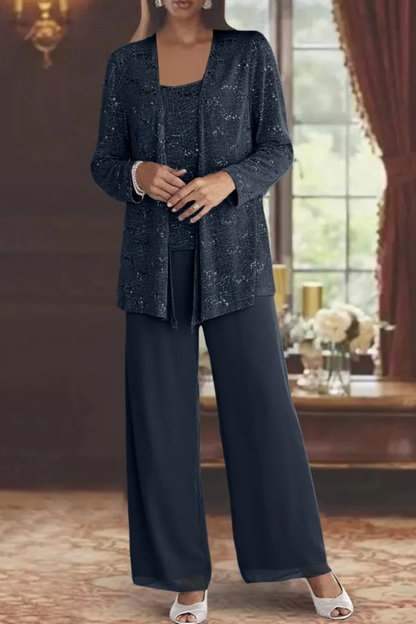 Ombrine | Ensemble Trois Pièces Dentelle Pailletée Pantalon Large