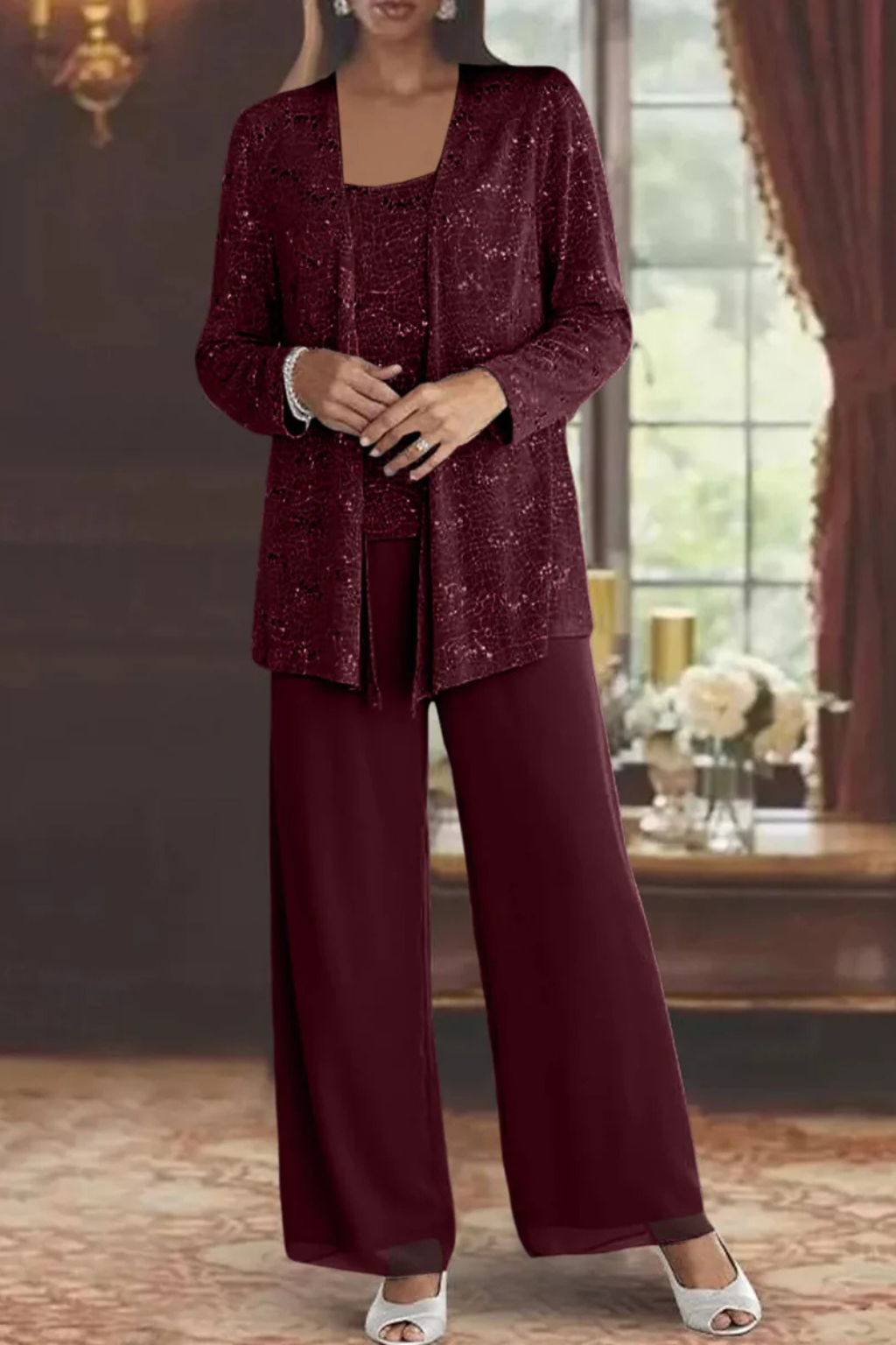 Ombrine | Ensemble Trois Pièces Dentelle Pailletée Pantalon Large