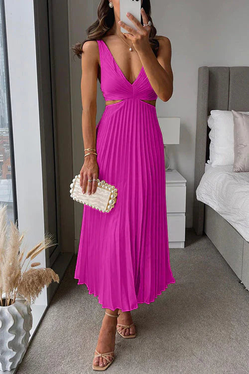 Estelle | Robe Longue Plissée à Découpes Col V pour Mariage Invitée