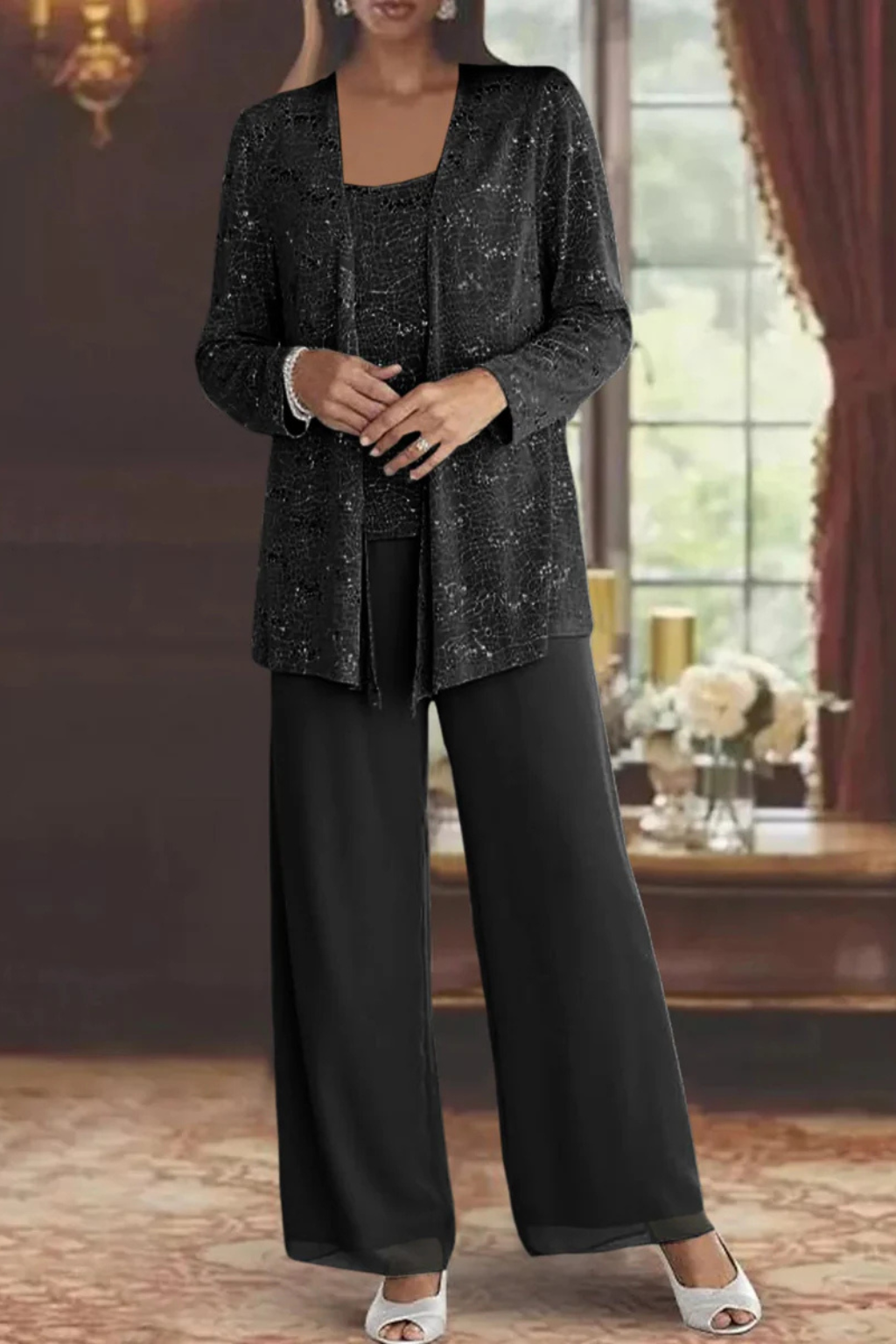 Ombrine | Ensemble Trois Pièces Dentelle Pailletée Pantalon Large