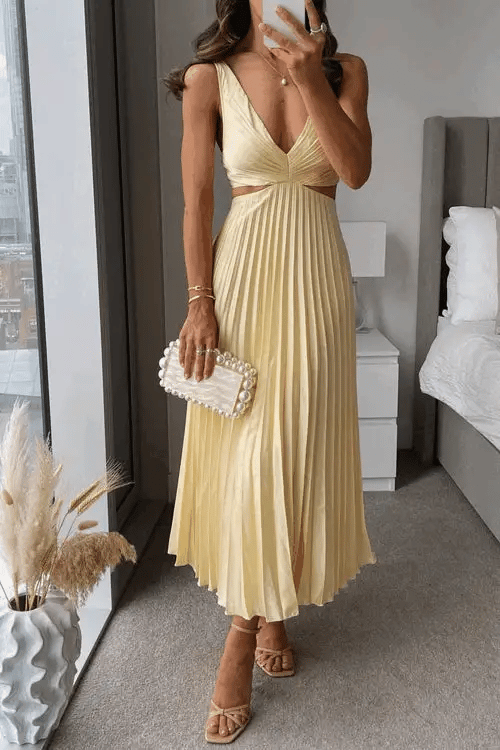 Estelle | Robe Longue Plissée à Découpes Col V pour Mariage Invitée