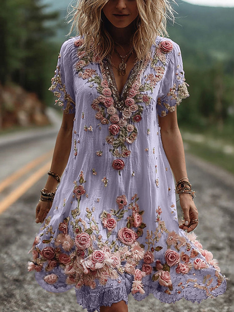 Solange | Robe Brodée Fleurie Col V