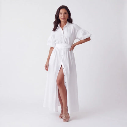 Basilie | Robe Longue Boutonnée Taille Marquée