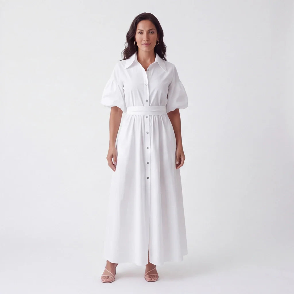 Basilie | Robe Longue Boutonnée Taille Marquée