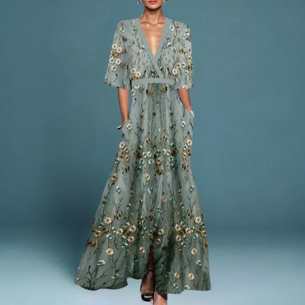 Garance | Robe Longue Brodée à Motif Floral et Col V