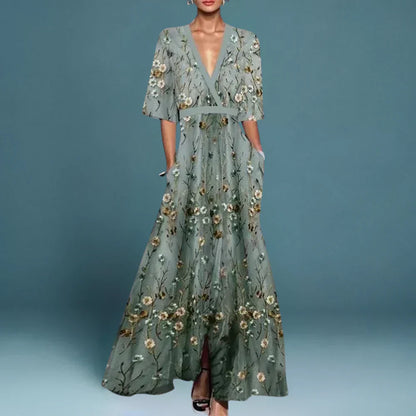 Garance | Robe Longue Brodée à Motif Floral et Col V