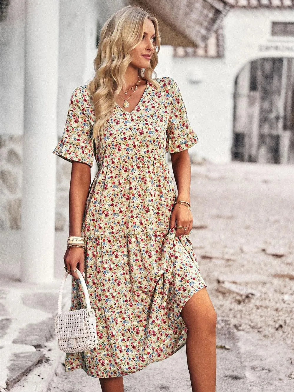 Viviane | Robe Midi Fleurie Col V
