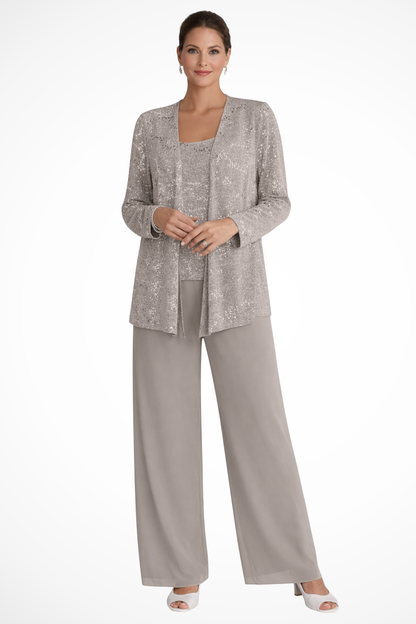 Ombrine | Ensemble Trois Pièces Dentelle Pailletée Pantalon Large