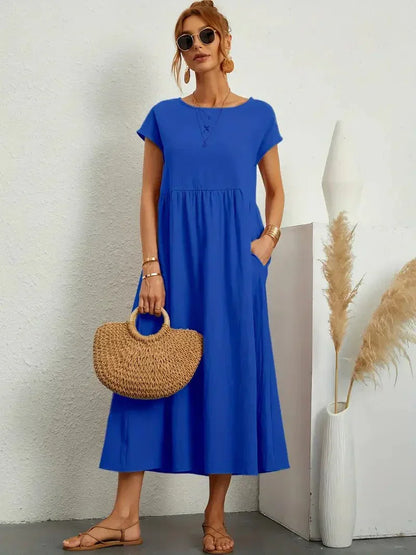 Élise | Robe midi femme légère avec poches et manches courtes