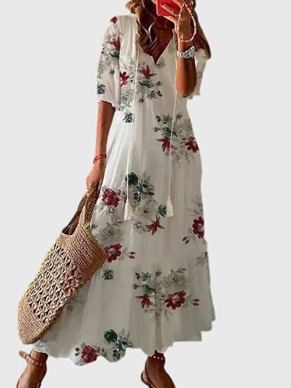 Éloria | Robe Longue Bohème d’Été Col V
