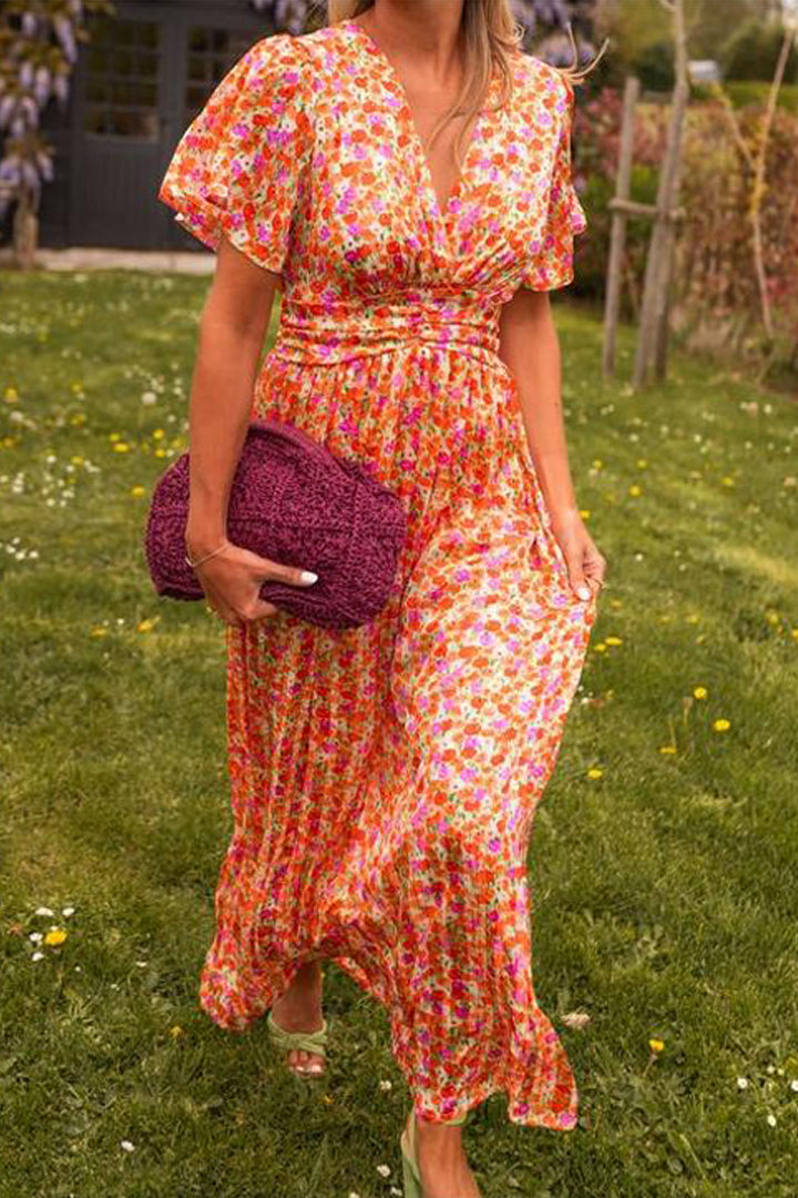 Romaine | Robe Longue Fleurie Col V Plissée pour Mariage Invitée