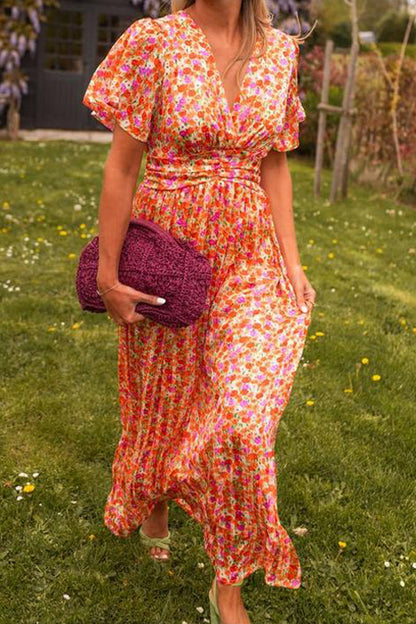 Romaine | Robe Longue Fleurie Col V Plissée pour Mariage Invitée