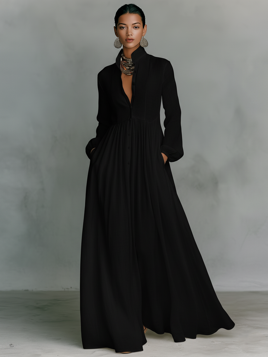 Iseult | Robe Longue Lin Col Montant Boutonnée