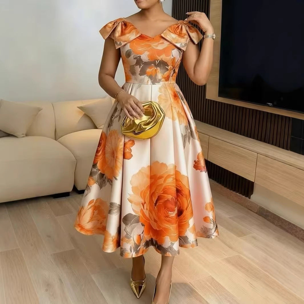 Capucine | Robe Midi Fleurie Rouge Orange Cérémonie